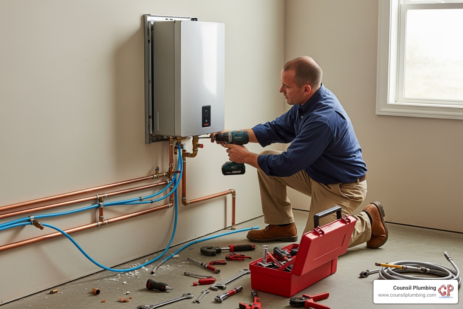 Professional plumber installing a tankless water heater unit in a residential setting - San Jose tankless water heater Professional plumber installing a tankless water heater unit in a residential setting - San Jose tankless water heater