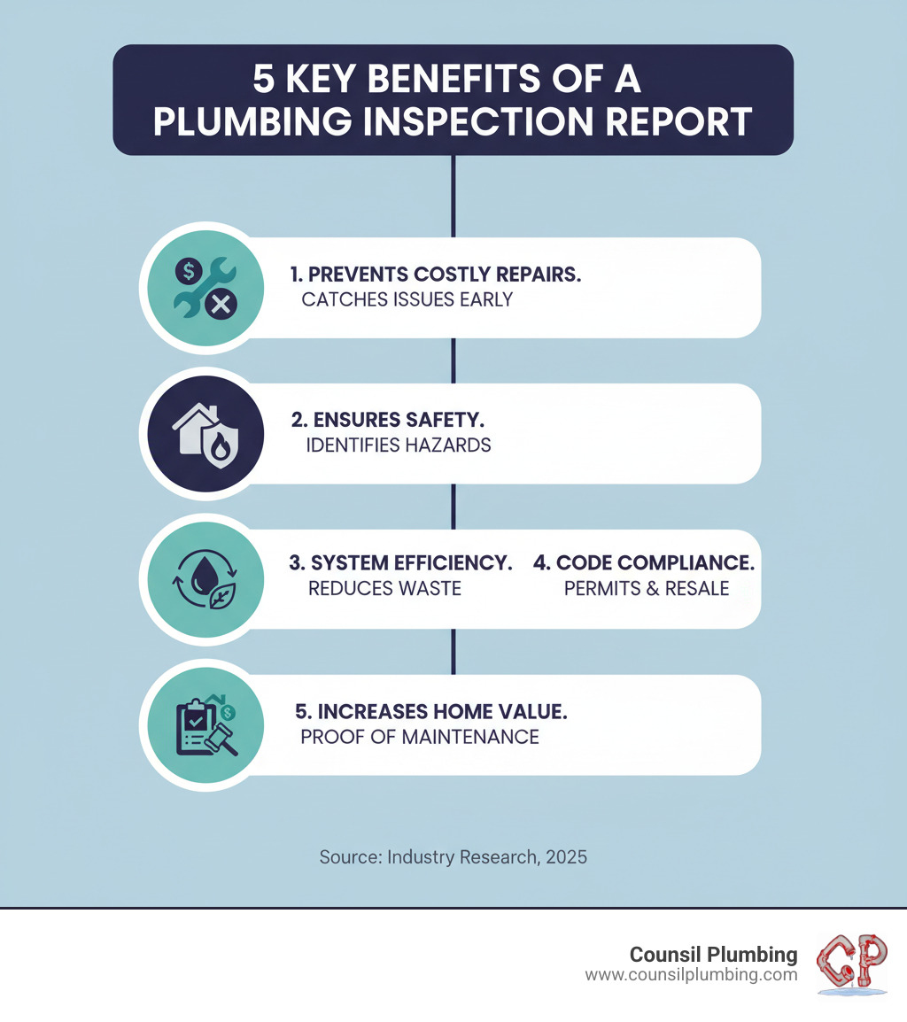 Infographic showing 5 key benefits of a plumbing inspection report: 1) Prevents costly emergency repairs by catching issues early, 2) Ensures safety by identifying hazards like gas leaks or water damage, 3) Maintains system efficiency to reduce water and energy waste, 4) Provides code compliance documentation for permits and resale, 5) Increases home value with proof of well-maintained systems - plumbing report infographic 
