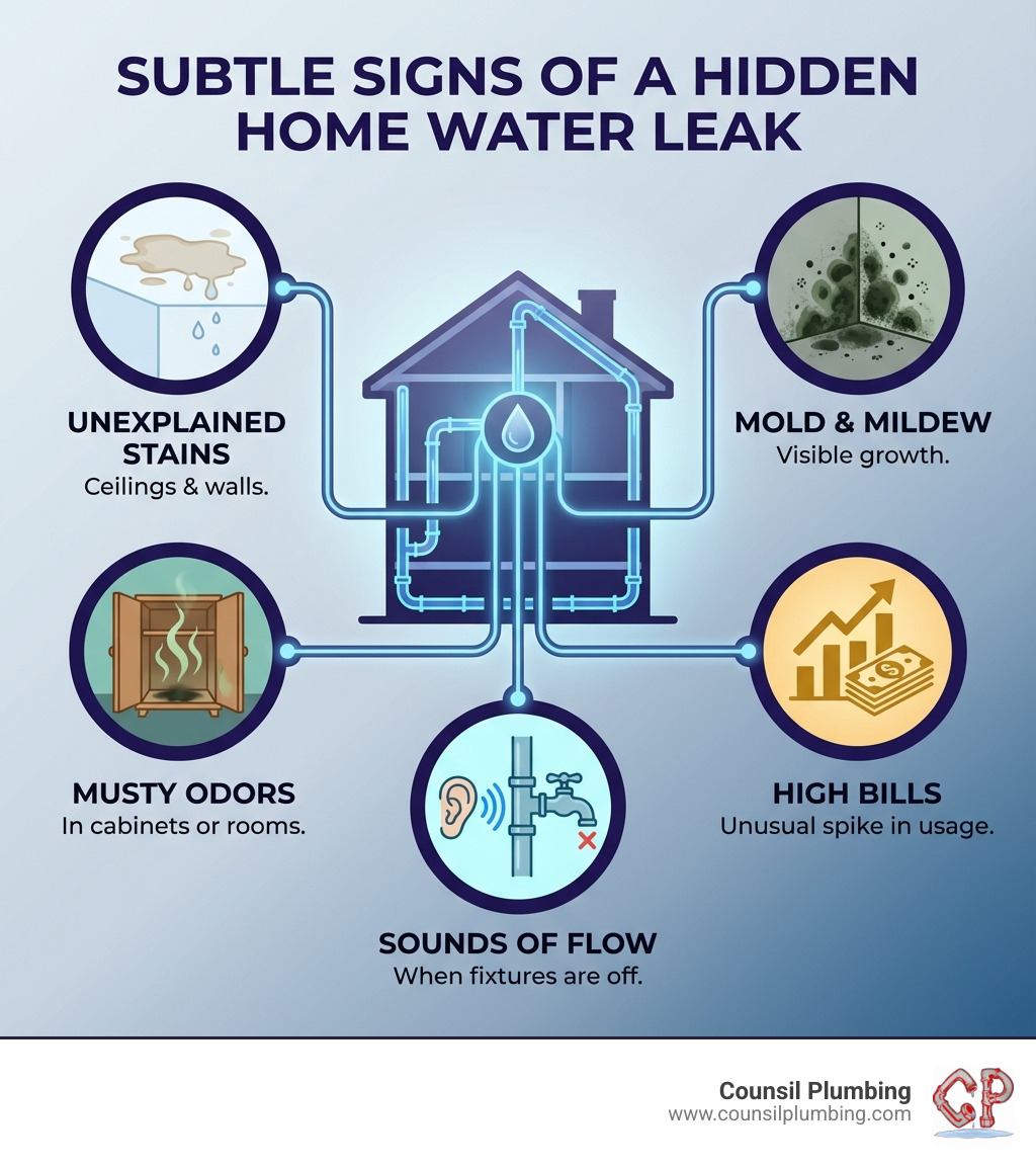 Infographic showing the top 5 subtle signs of a hidden water leak in a home: unexplained water stains on ceilings or walls, musty odors in cabinets or rooms, sounds of running water when fixtures are off, unusually high water bills, and visible mold or mildew growth - general plumbing leak repair infographic Infographic showing the top 5 subtle signs of a hidden water leak in a home: unexplained water stains on ceilings or walls, musty odors in cabinets or rooms, sounds of running water when fixtures are off, unusually high water bills, and visible mold or mildew growth - general plumbing leak repair infographic