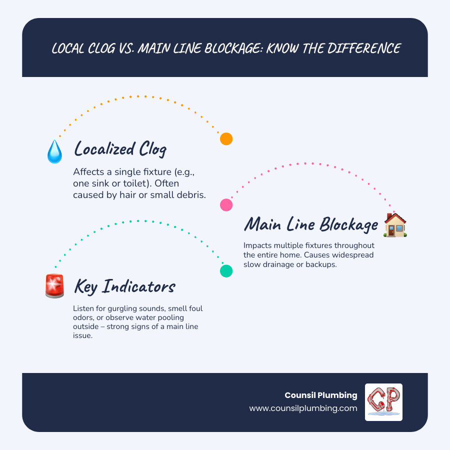 Detailed infographic showing the difference between branch line clogs affecting single fixtures versus main sewer line blockages affecting multiple drains, with visual representation of home plumbing system including main trunk line, branch connections, and flow direction to city sewer - main line blockage infographic infographic-line-3-steps-blues-accent_colors Detailed infographic showing the difference between branch line clogs affecting single fixtures versus main sewer line blockages affecting multiple drains, with visual representation of home plumbing system including main trunk line, branch connections, and flow direction to city sewer - main line blockage infographic infographic-line-3-steps-blues-accent_colors