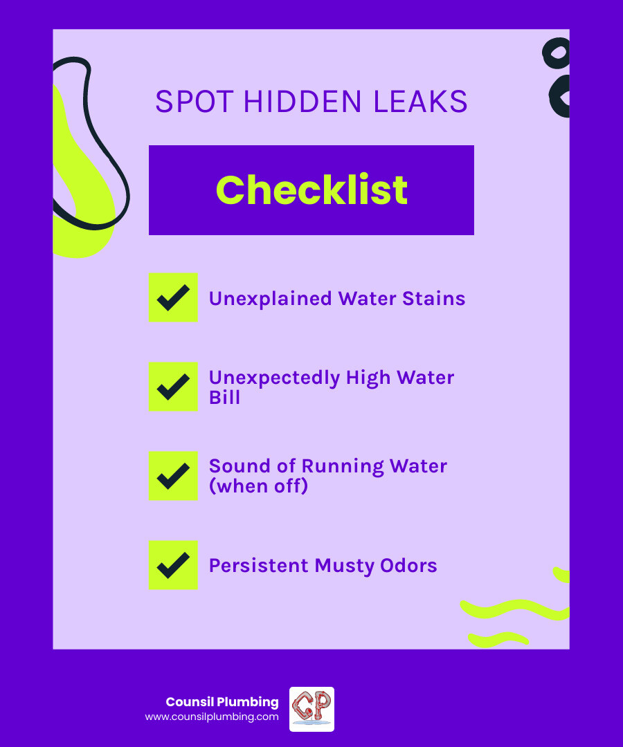 Infographic showing common signs of hidden water leaks including water stains on walls, unexplained high water bills, sound of running water when fixtures are off, wet spots in yard, low water pressure, musty odors, and visible corrosion on pipes - Copper water line repair infographic checklist-fun-neon Infographic showing common signs of hidden water leaks including water stains on walls, unexplained high water bills, sound of running water when fixtures are off, wet spots in yard, low water pressure, musty odors, and visible corrosion on pipes - Copper water line repair infographic checklist-fun-neon