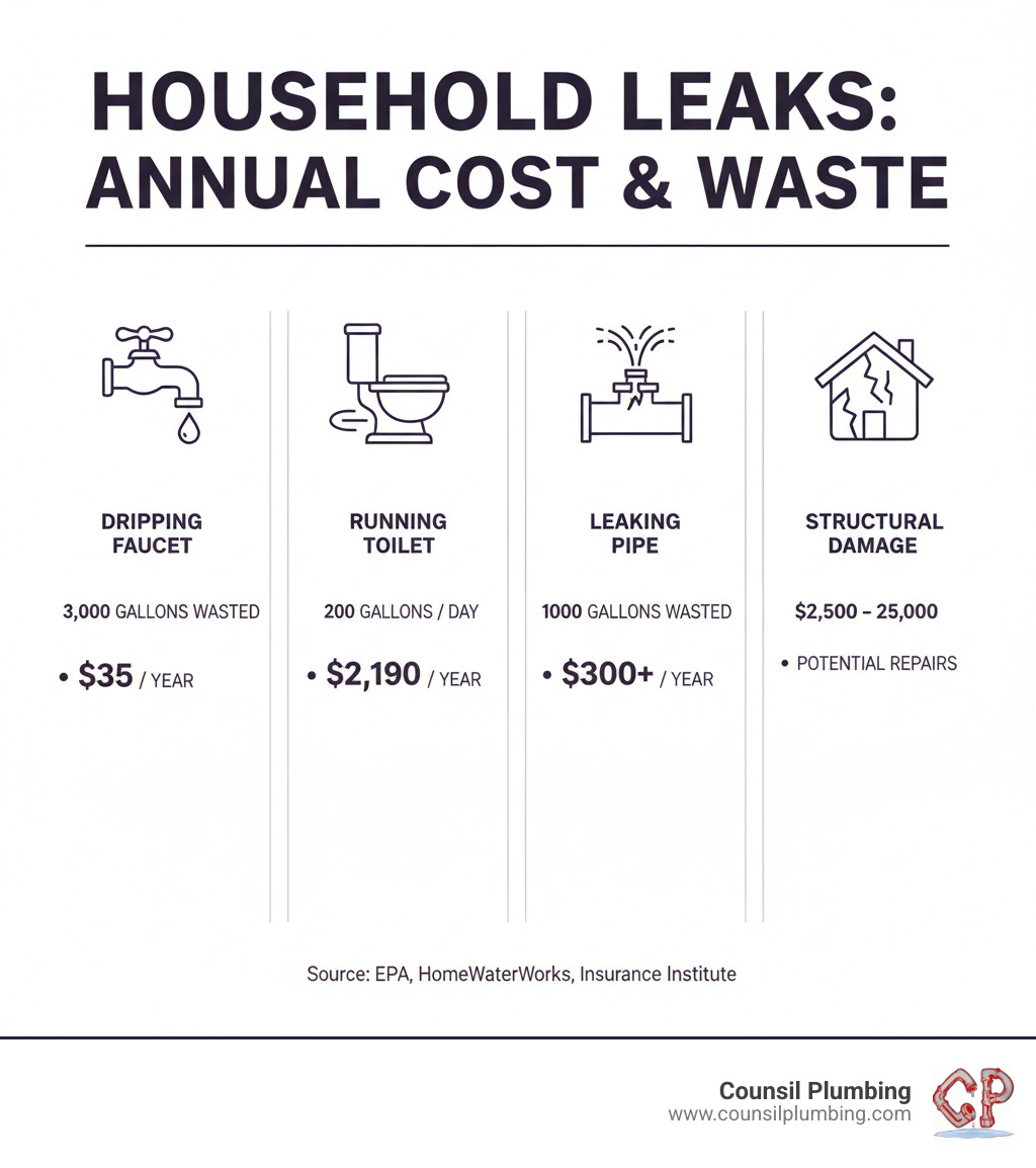 Infographic showing the annual cost and water waste of common household leaks: dripping faucet wastes 3,000 gallons and costs $35 per year, running toilet wastes 200 gallons per day and costs $2,190 per year, leaking pipe wastes 10,000 gallons and costs $300+ per year, plus potential structural damage costs of $2,500-$25,000 - water leak in house infographic Infographic showing the annual cost and water waste of common household leaks: dripping faucet wastes 3,000 gallons and costs $35 per year, running toilet wastes 200 gallons per day and costs $2,190 per year, leaking pipe wastes 10,000 gallons and costs $300+ per year, plus potential structural damage costs of $2,500-$25,000 - water leak in house infographic