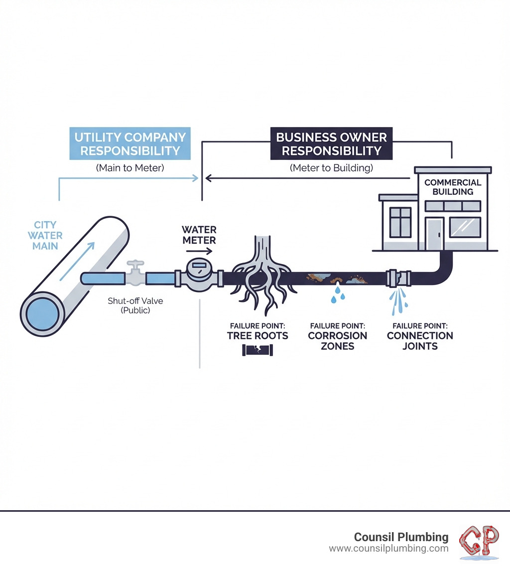 Infographic showing the path of a commercial water service line from the city water main through the meter to the building, with labels indicating utility company responsibility (main to meter) versus business owner responsibility (meter to building), including common failure points like tree roots, corrosion zones, and connection joints - Water Line Service infographic Infographic showing the path of a commercial water service line from the city water main through the meter to the building, with labels indicating utility company responsibility (main to meter) versus business owner responsibility (meter to building), including common failure points like tree roots, corrosion zones, and connection joints - Water Line Service infographic