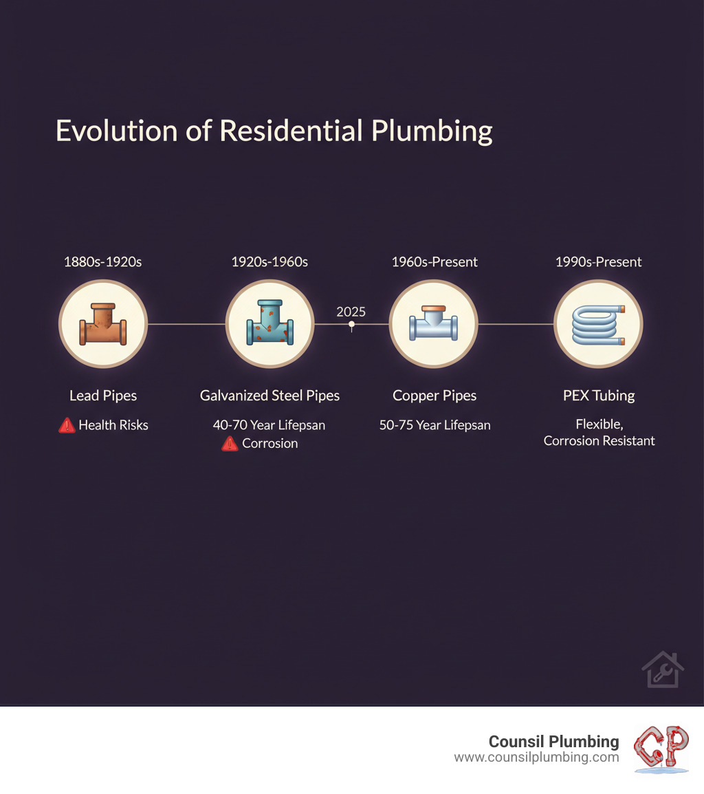 Infographic showing the evolution of residential plumbing materials: Lead pipes used from 1880s-1920s with health risks, Galvanized steel pipes from 1920s-1960s with 40-70 year lifespan and eventual corrosion, Copper pipes from 1960s-present with 50-75 year lifespan, and PEX tubing from 1990s-present with flexible installation and corrosion resistance - Galvanized pipe replacement infographic 