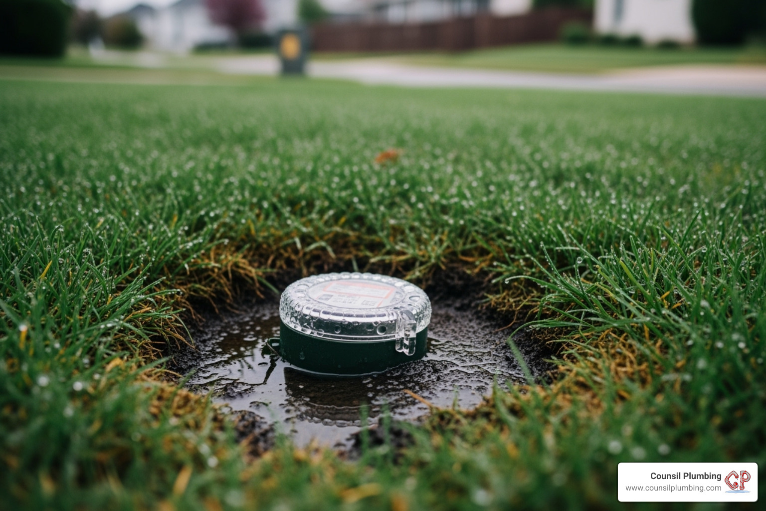 soggy patch of grass in a yard near a water meter - water line repair replacement