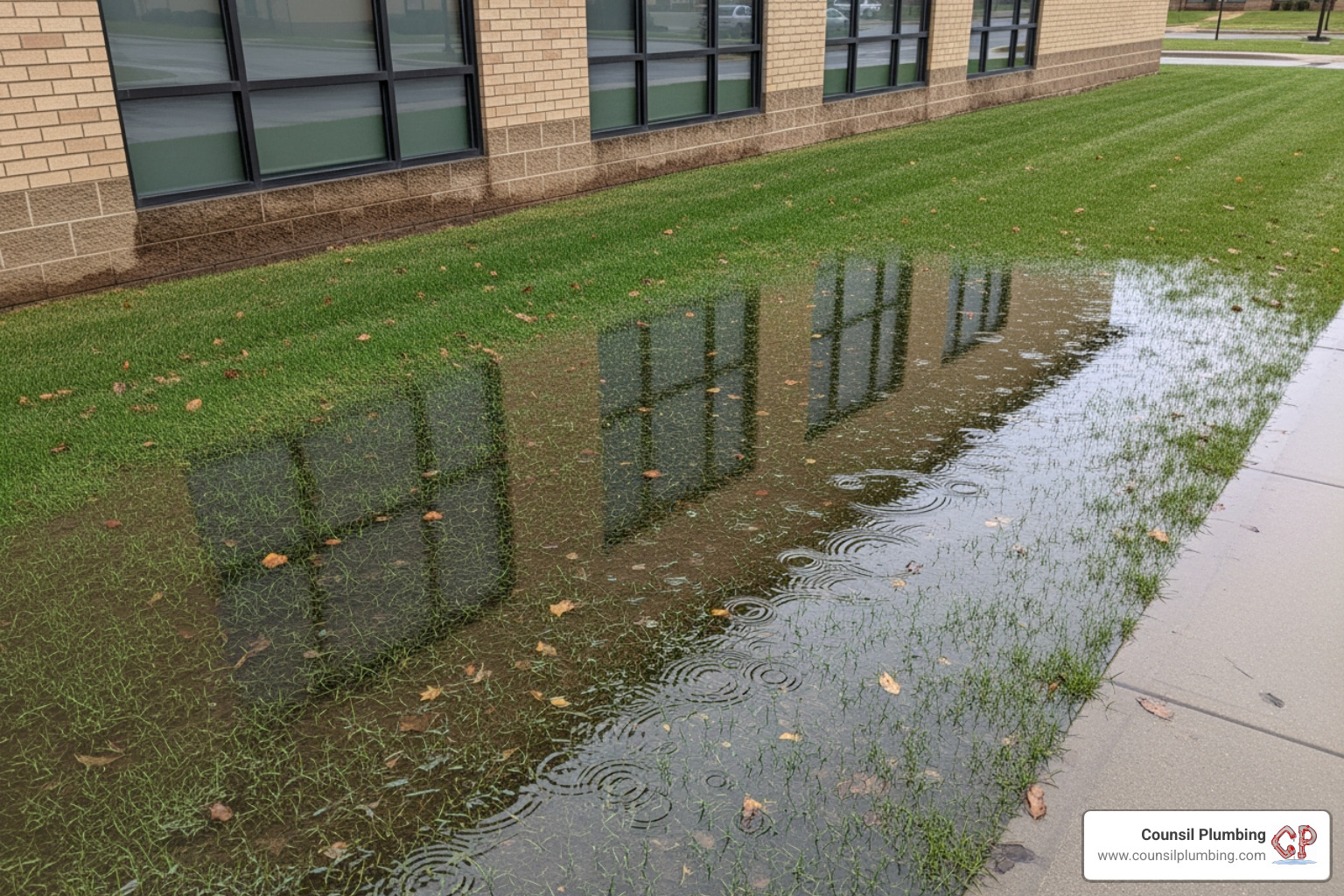 soggy patch of lawn outside a commercial building - Water Line Service soggy patch of lawn outside a commercial building - Water Line Service
