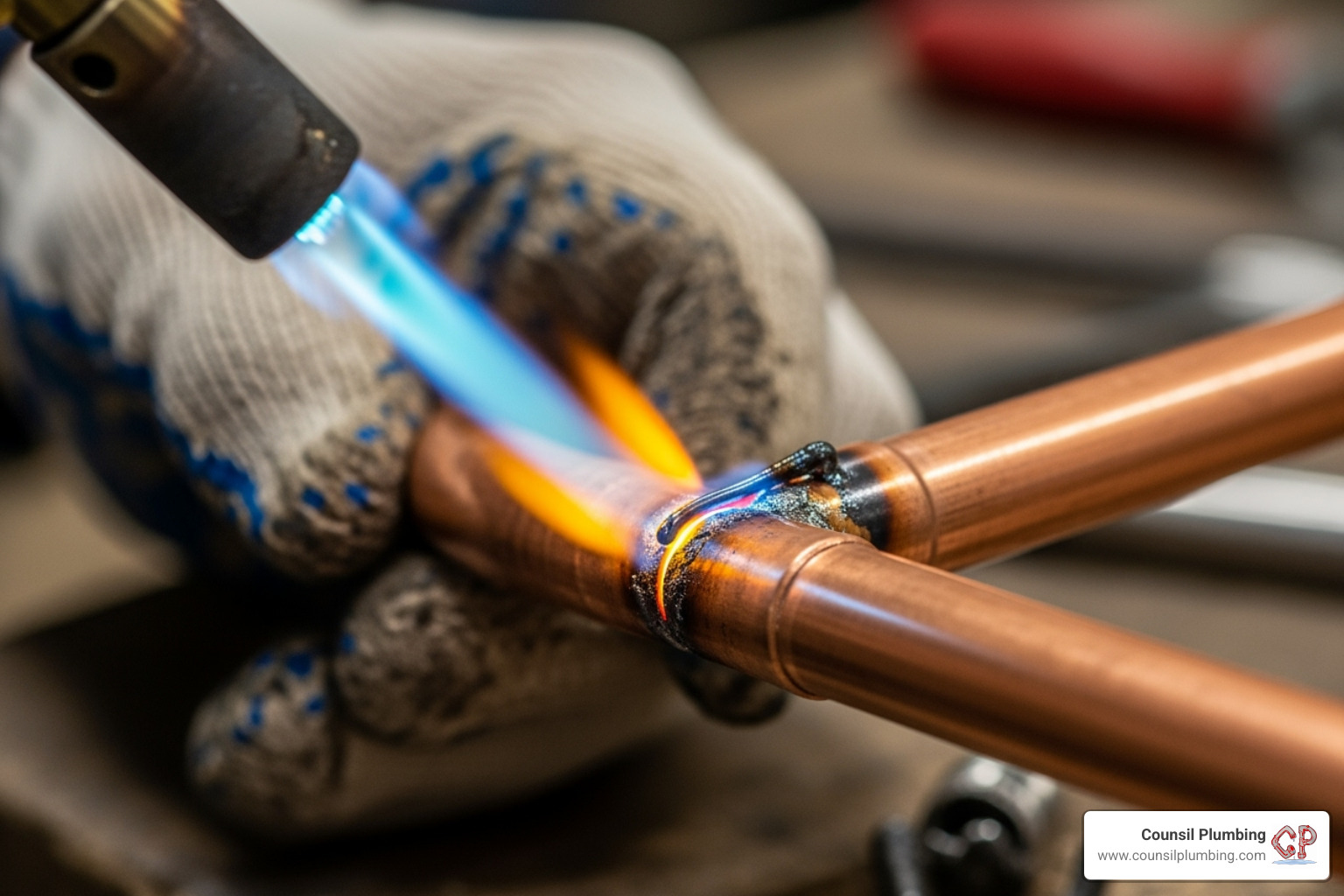 Plumber soldering a copper pipe joint - Copper water line repair Plumber soldering a copper pipe joint - Copper water line repair