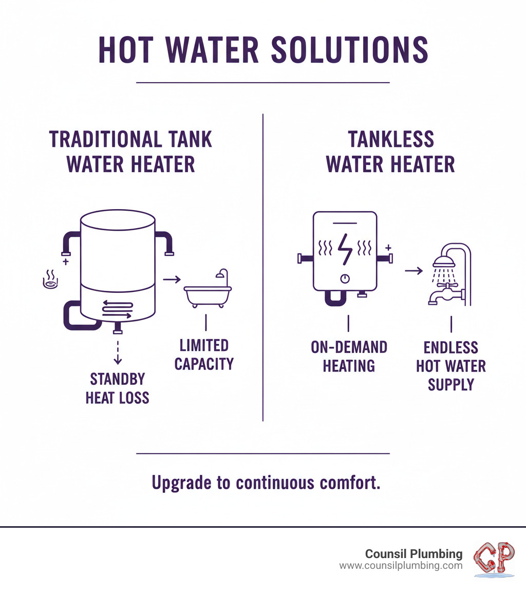 Infographic comparing traditional tank water heater with storage tank, standby heat loss, and limited capacity versus tankless water heater with on-demand heating, compact wall-mounted design, and endless hot water supply, showing water flow paths and heating elements for each system - San Jose tankless water heater infographic Infographic comparing traditional tank water heater with storage tank, standby heat loss, and limited capacity versus tankless water heater with on-demand heating, compact wall-mounted design, and endless hot water supply, showing water flow paths and heating elements for each system - San Jose tankless water heater infographic