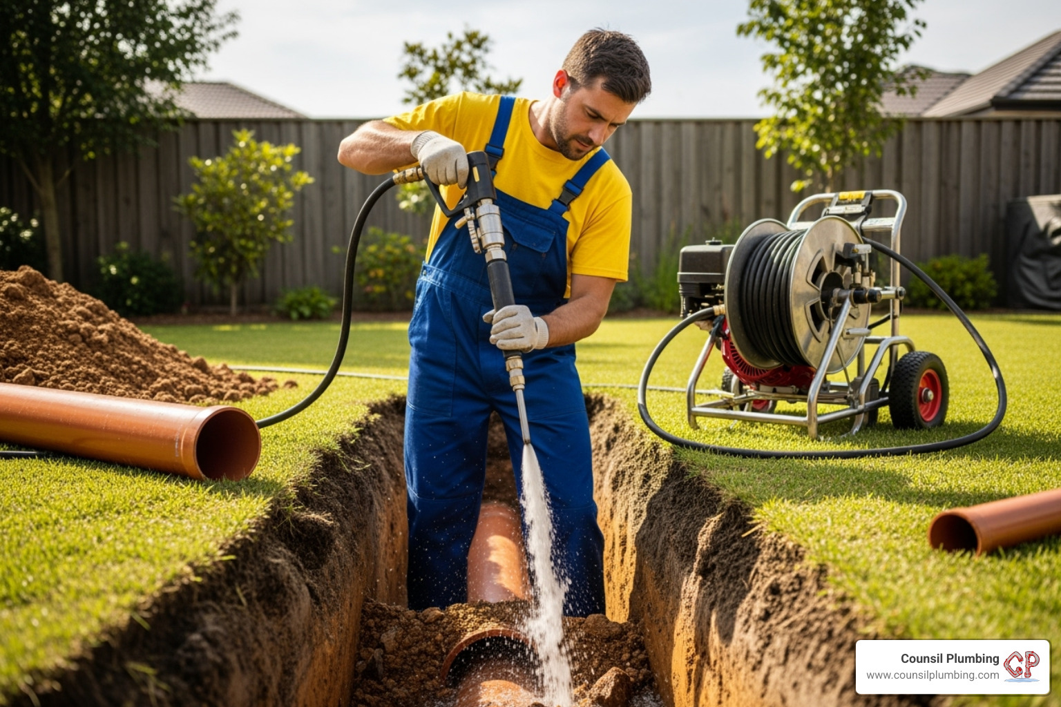 plumber using a hydro-jetting tool - main line blockage plumber using a hydro-jetting tool - main line blockage