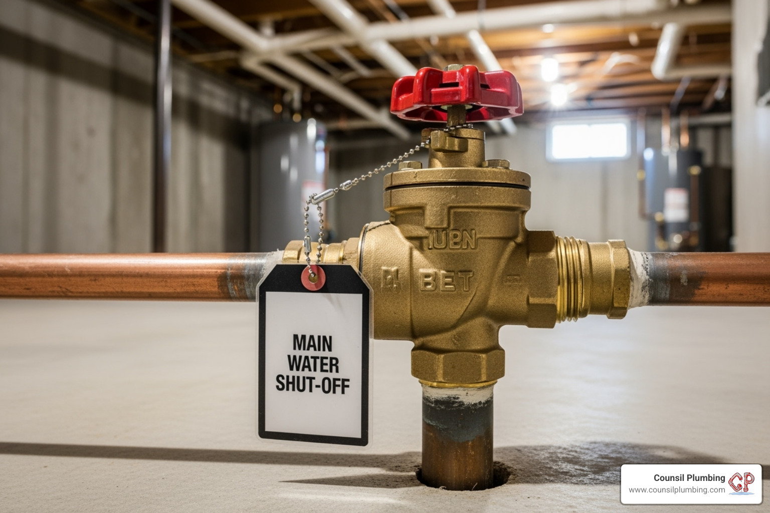 main water shut-off valve with a tag - water leak in house main water shut-off valve with a tag - water leak in house