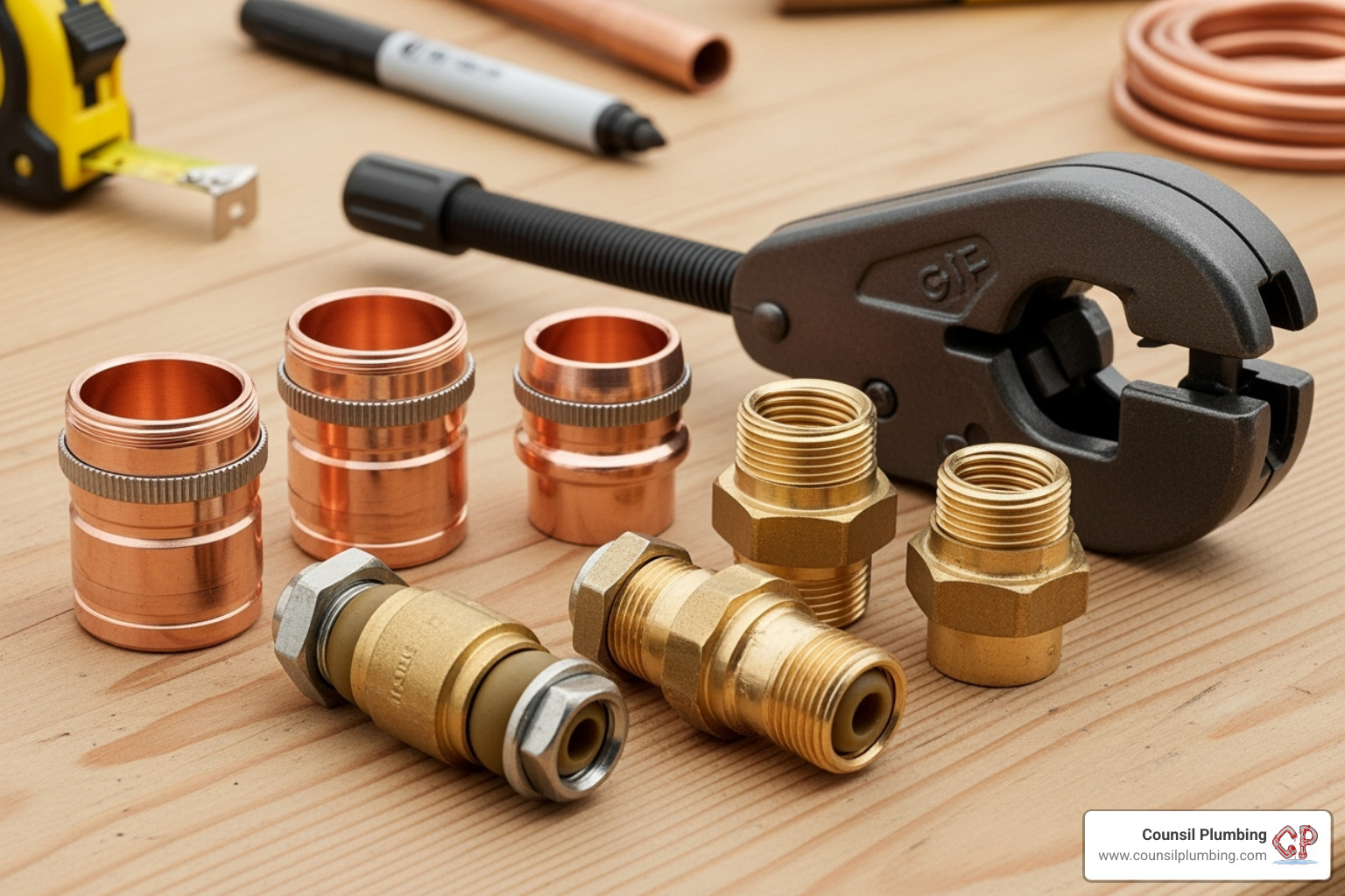 Various repair fittings like push-fit and compression couplings next to a pipe cutter - Copper water line repair Various repair fittings like push-fit and compression couplings next to a pipe cutter - Copper water line repair
